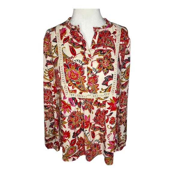LOFT Outlet Petite Floral Blouse Long Sleeve Lace Trim Boho Chic Petite Medium‎ - Picture 2 of 8